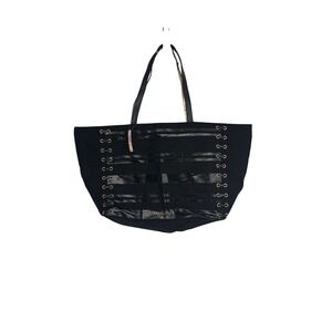 Victoria's Secret Black Tote Bag Purse Metallic Stripe Goth Eyelet